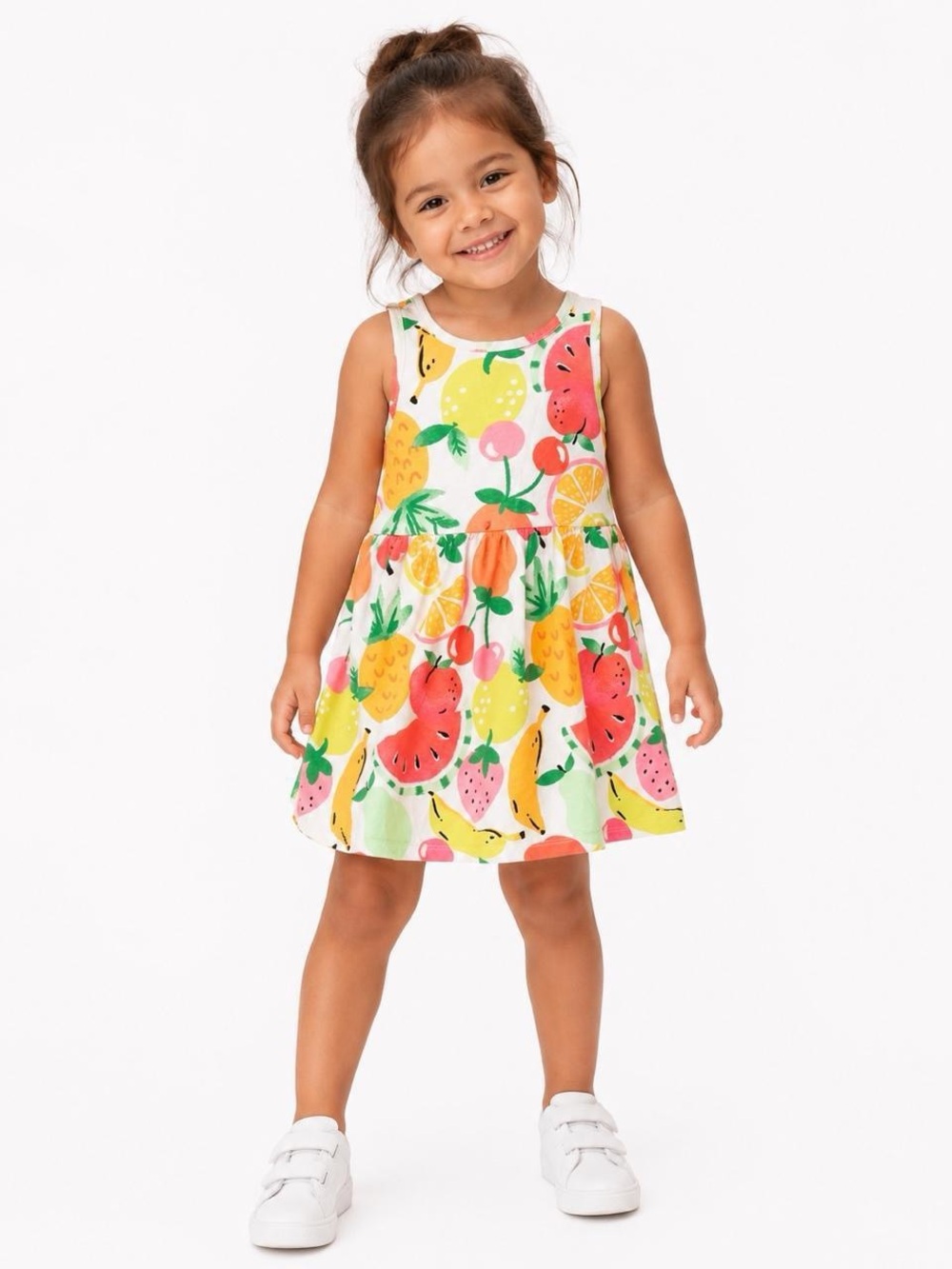 Girls' Fruit Print Sleeveless Dress - White with Multicolor Fruit